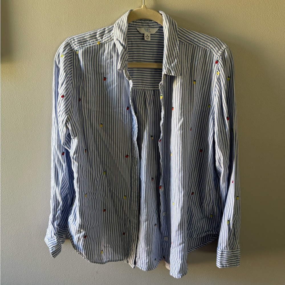 Blue Striped women’s Shirt with Embroidered Accents